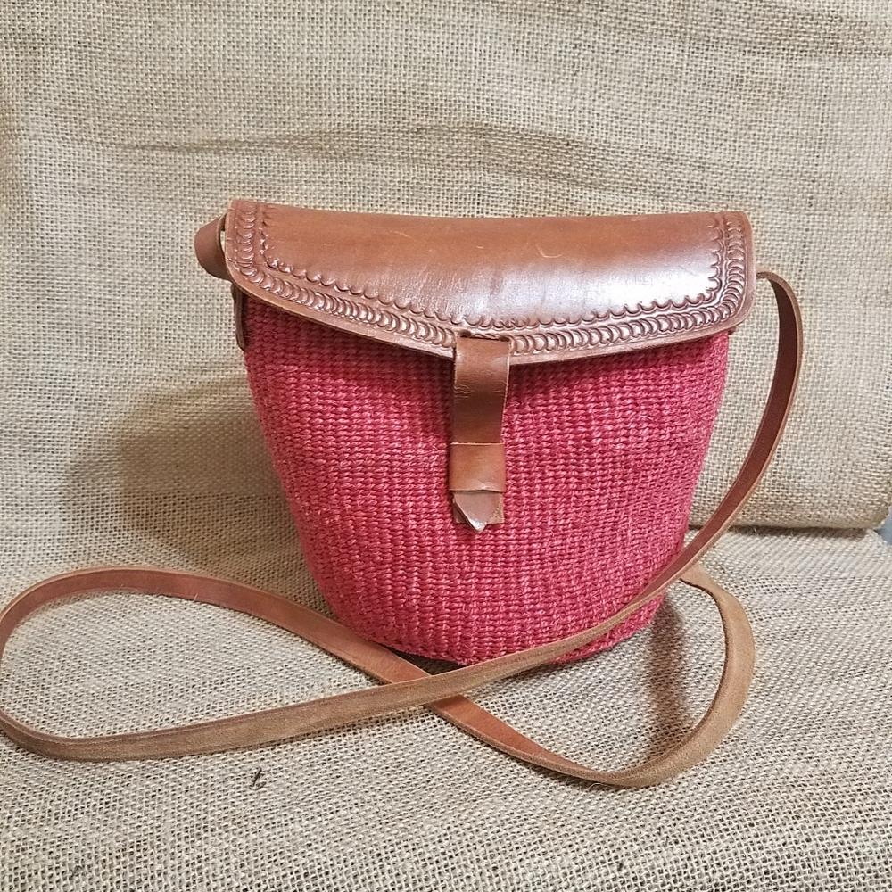 Tooled Leather and Red Woven Straw Crossbody Bucket Bag